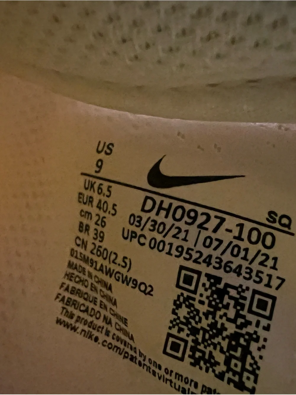 Nike White and Black Swoosh Shoe Interior Label
